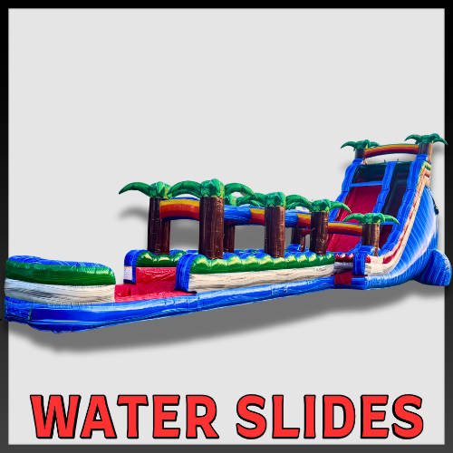 Large tropical inflatable water slide with splash landing