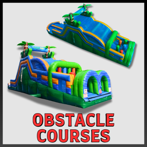 Large tropical inflatable obstacle course rental with climbing and slide sections